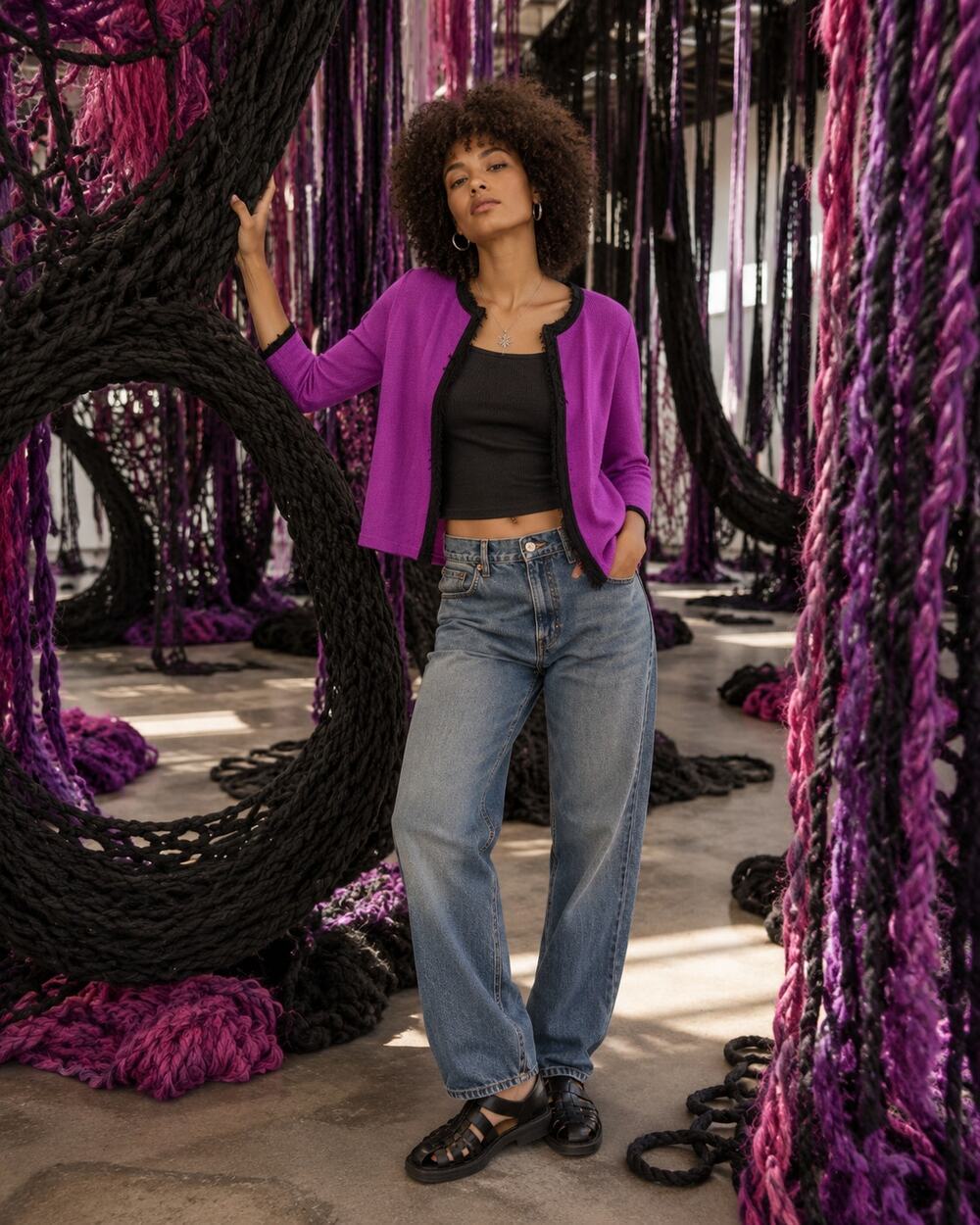 Crystal-Kobe Purple Black Fringe Trim Open Front Cardigan Large